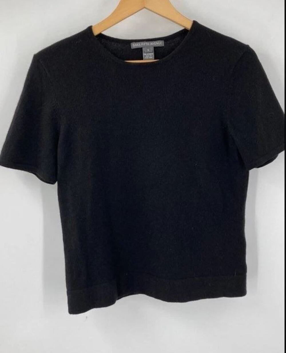 Saks Fifth Avenue Womens Black 100% Cashmere Fine Knit Short Sleeve Sweater Sz L